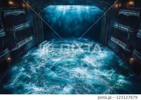 Dramatic theater stage with giant ocean waves crashing in a surreal artistic display 123127679