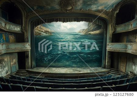 Dramatic theater stage with giant ocean waves crashing in a surreal artistic display 123127680