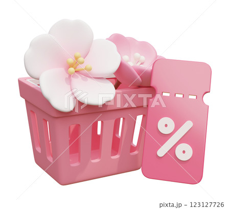 cherry blossom with shopping cart and discount coupon 3D graphic 123127726