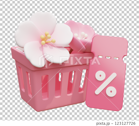 cherry blossom with shopping cart and discount coupon 3D graphic 123127726