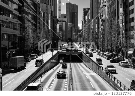 東京の幹線道路 昭和通り 宝町付近のアンダーパス 南方向 2025.02　b-4 モノクロ 123127776