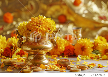 Greeting card with holiday composition for happy Akshaya Tritiya 123127803