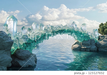 Stunning crystalline bridge over tranquil ocean water under a bright sky 123127832