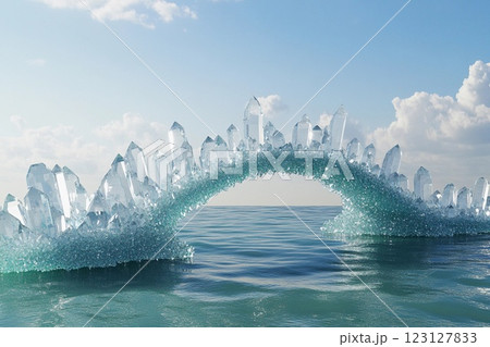 Stunning crystalline bridge over tranquil ocean water under a bright sky 123127833