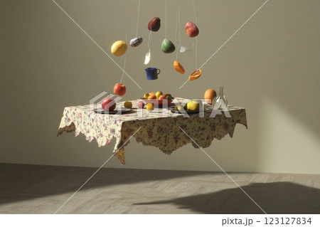 Floating table with colorful fruits and dishes in a minimalist room 123127834