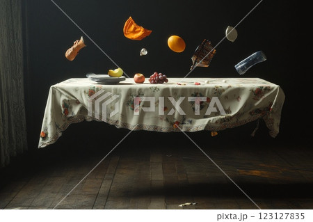 Floating table with colorful fruits and dishes in a minimalist room 123127835