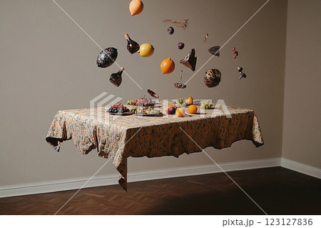 Floating table with colorful fruits and dishes in a minimalist room 123127836