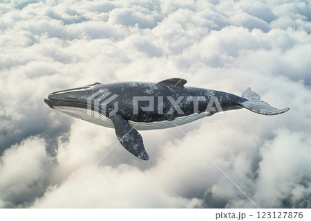 Majestic flying whale glides effortlessly among fluffy white clouds in a breathtaking sky 123127876
