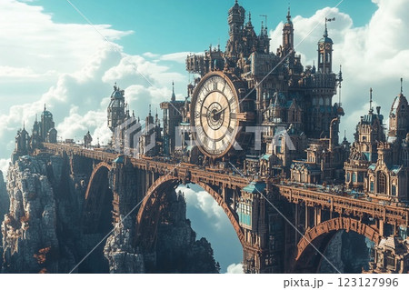 Clock tower forms the centerpiece of a breathtaking medieval cityscape under a clear sky 123127996