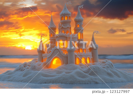 Sandcastle masterpiece glows at sunset on a beach with crashing waves 123127997