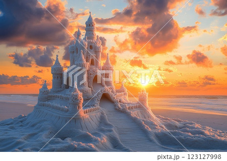Sandcastle masterpiece glows at sunset on a beach with crashing waves Sandcastle masterpiece glows at sunset on a beach with crashing waves 123127998