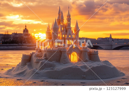 Sandcastle masterpiece glows at sunset on a beach with crashing waves 123127999
