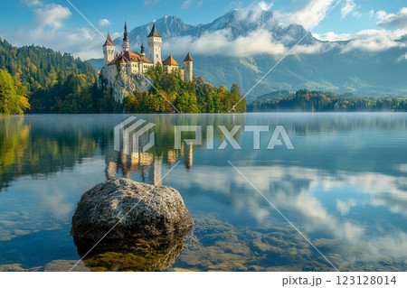 Serene view of a fairytale castle reflecting in a calm lake surrounded by lush mountains during early morning 123128014