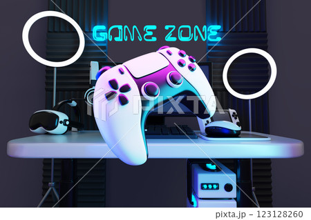 Game zone with flying joystick on abstract dark 3d background. Night room interior with computer on desk, led ring lamp and neon light sign on wall. Render video game controller. 3D illustration 123128260