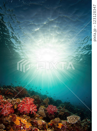 水面から太陽光が射す透き通った深いブルーの海（AI生成画像） 123128347