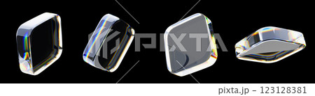 3d crystal glass square plate shapes set with holographic gradient isolated on black background render icon. Abstract transparent cube block with rainbow neon light prism effect. 3D illustration 123128381