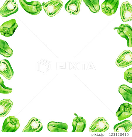 ピーマンの正方形フレーム フルーツの手描き水彩イラスト素材 ピーマンの正方形フレーム フルーツの手描き水彩イラスト素材 123128410