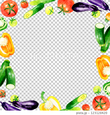 夏野菜のカラフルな正方形フレーム　野菜の手描き水彩イラスト背景素材 123128420