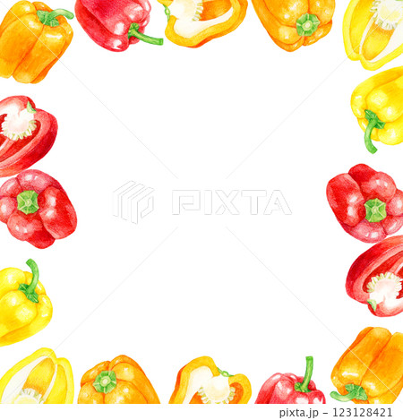 パプリカのカラフルな正方形フレーム 野菜の手描き水彩イラスト背景素材 パプリカのカラフルな正方形フレーム 野菜の手描き水彩イラスト背景素材 123128421