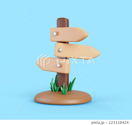 3d wood road sign with direction arrows isolated render icon. Wooden signboard on pole with grass for game information or notice. Vintage billboard guide frame for destination label. 3D illustration 123128424