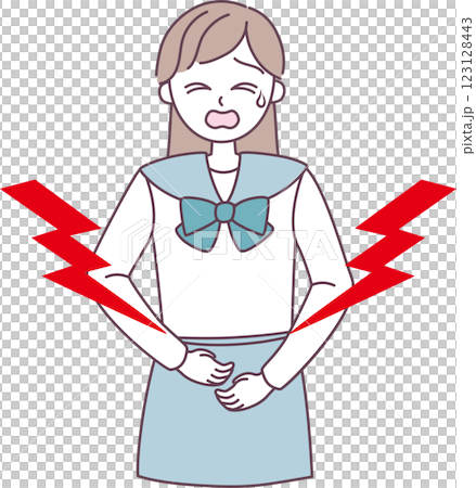 お腹が痛んで辛そうな女子高生のイラスト お腹が痛んで辛そうな女子高生のイラスト 123128443