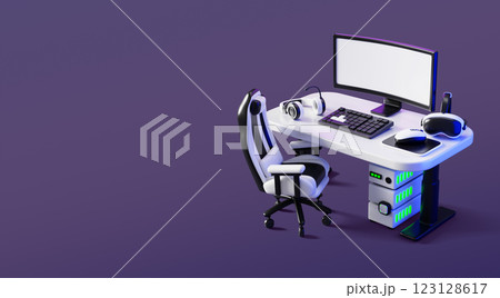 3d workplace with gaming and streaming setup. Studio interior room with computer on desk, chair, headphones with microphone, game devices on neon background, render purple web banner. 3D illustration 3d workplace with gaming and streaming setup. Studio interior room with computer on desk, chair, headphones with microphone, game devices on neon background, render purple web banner. 3D illustration 123128617