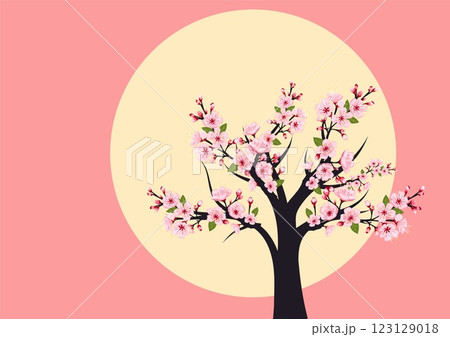 Cherry blossom tree with pink flowers against a radiant yellow background in a tranquil spring setting 123129018