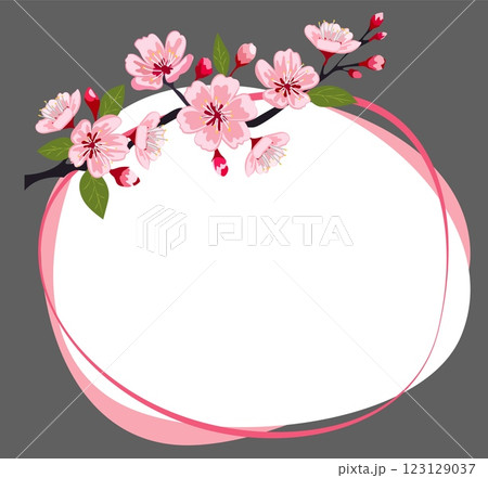 Beautiful vector illustration of cherry blossoms with pink petals and green leaves, perfect for spring-themed designs or backgrounds 123129037