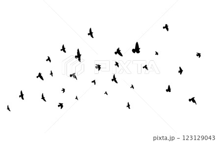 Flying birds silhouette flock. hand drawing. Not AI. Vector illustration 123129043