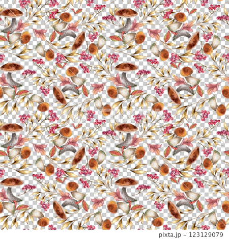 Woodland plants on repeated texture painted. Aspen mushrooms, dried herbs and red berries watercolor seamless pattern isolated. Viburnum , boletus hand drawn. Autumn plants on botanical background. Woodland plants on repeated texture painted. Aspen mushrooms, dried herbs and red berries watercolor seamless pattern isolated. Viburnum , boletus hand drawn. Autumn plants on botanical background. 123129079