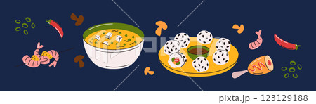 Spicy miso soup and sesame rice balls 123129188