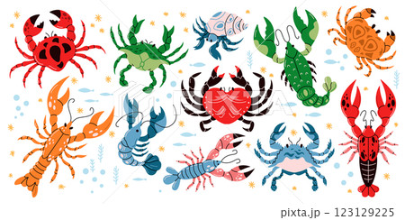 Lobsters and crabs underwater flat color vector icon set Lobsters and crabs underwater flat color vector icon set 123129225