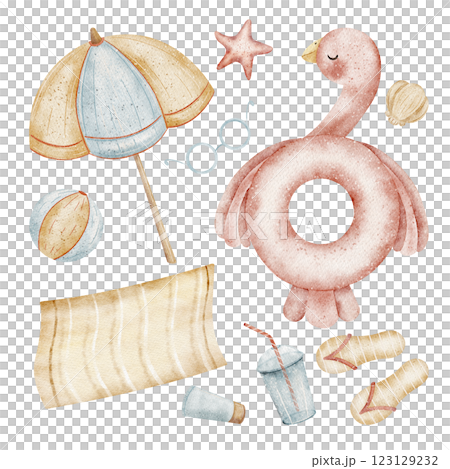 Watercolor beach accessories for seaside vacation, set flamingo items circle, umbrella, ball, shells. Hand drawn illustrations isolated white design cards posters tableware clothes holiday invitations 123129232
