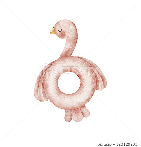 Watercolor flamingo inflatable round. Isolated beach accessory for swimming. Illustration is hand-drawn in cartoon style white background design children's cards posters, dishes, clothes, invitations 123129233