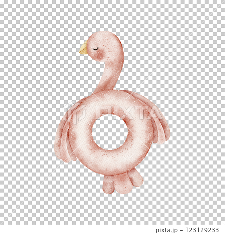 Watercolor flamingo inflatable round. Isolated beach accessory for swimming. Illustration is hand-drawn in cartoon style white background design children's cards posters, dishes, clothes, invitations 123129233