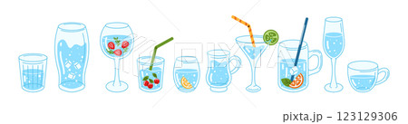 Collection of various glasses and cups of water 123129306