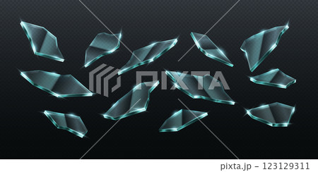 Realistic shattered glass pieces flying in mid-air Realistic shattered glass pieces flying in mid-air 123129311