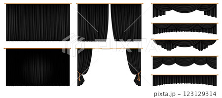 Black dramatic stage curtains for performances Black dramatic stage curtains for performances 123129314