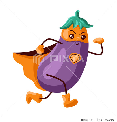 Powerful eggplant superhero with orange cape 123129349