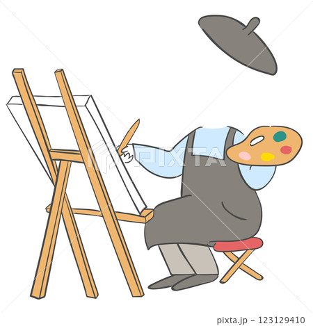 An illustration of an artist drawing a picture with a face cutout 123129410