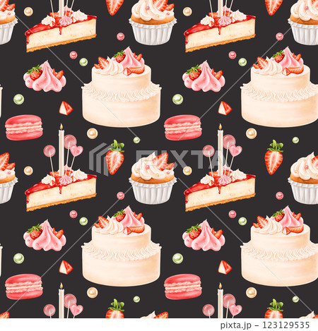 Seamless pattern with berry confectionery. Cake, cheesecake, cupcake, macaroon decorated with juicy strawberries, cream, cream, lollipops. Decorations for parties holidays. Hand drawing, background 123129535