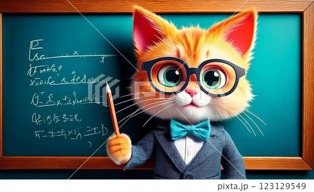 黒板の前に立つメガネをかけた猫 123129549