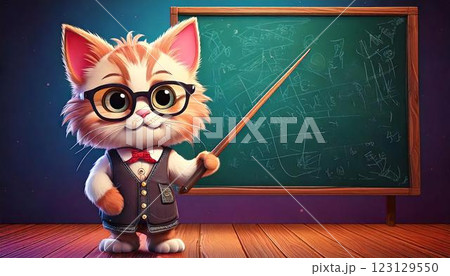 黒板の前に立つメガネをかけた猫 黒板の前に立つメガネをかけた猫 123129550