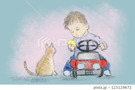 赤い車に乗る男の子と猫 赤い車に乗る男の子と猫 123129672