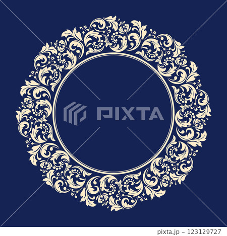 Decorative frame Elegant vector element for design in Eastern style, place for text. Floral golden and dark blue border. Lace illustration for invitations and greeting cards 123129727