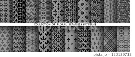 Geometric floral set of seamless patterns. Gray and black vector backgrounds. Damask graphic ornaments Geometric floral set of seamless patterns. Gray and black vector backgrounds. Damask graphic ornaments 123129732