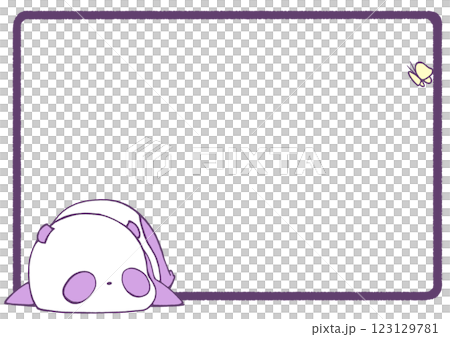 A frame background of a baby panda lying face down and looking up at a butterfly (purple) 123129781