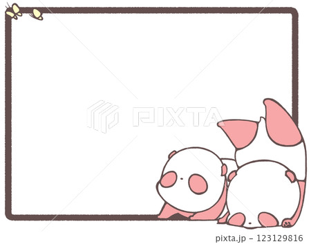 蝶と二匹の子どもパンダのフレーム背景(赤色) 123129816