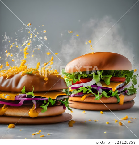 An impressive double-decker burger stacked with fresh lettuce, onions, cheese, and dripping sauce, with ingredients flying dramatically in the background, creating an exciting food explosion. 123129858