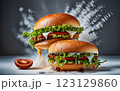 An impressive double-decker burger stacked with fresh lettuce, onions, cheese, and dripping sauce, with ingredients flying dramatically in the background, creating an exciting food explosion. 123129860